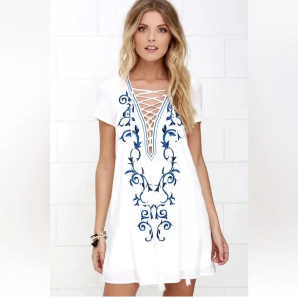 Lulus Small Embroidered Lace Up Shift Dress Vacation Beach Down In Kokomo - Picture 3 of 13